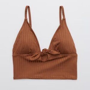 Aerie Ribbed Shine Longline Tie Front Triangle Bikini Top Size XXL